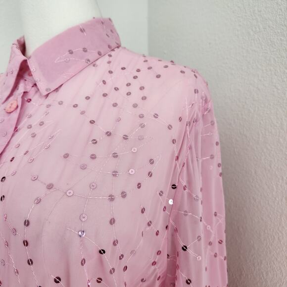 Vintage Draper's & Damon's Pink Sequin Sheer Button Up Blouse XL - Picture 3 of 8